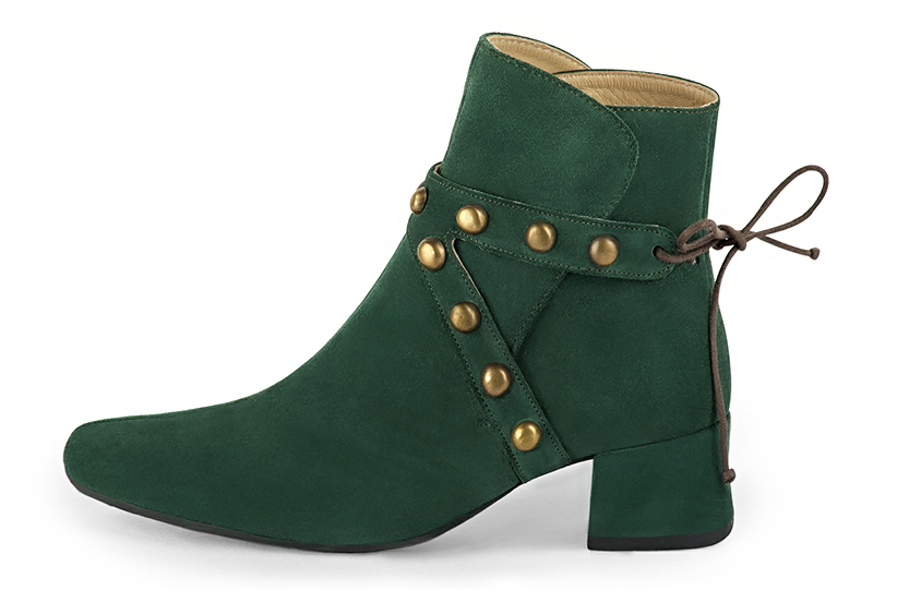 Forest green women's ankle boots with laces at the back. Round toe. Low flare heels. Profile view - Florence KOOIJMAN